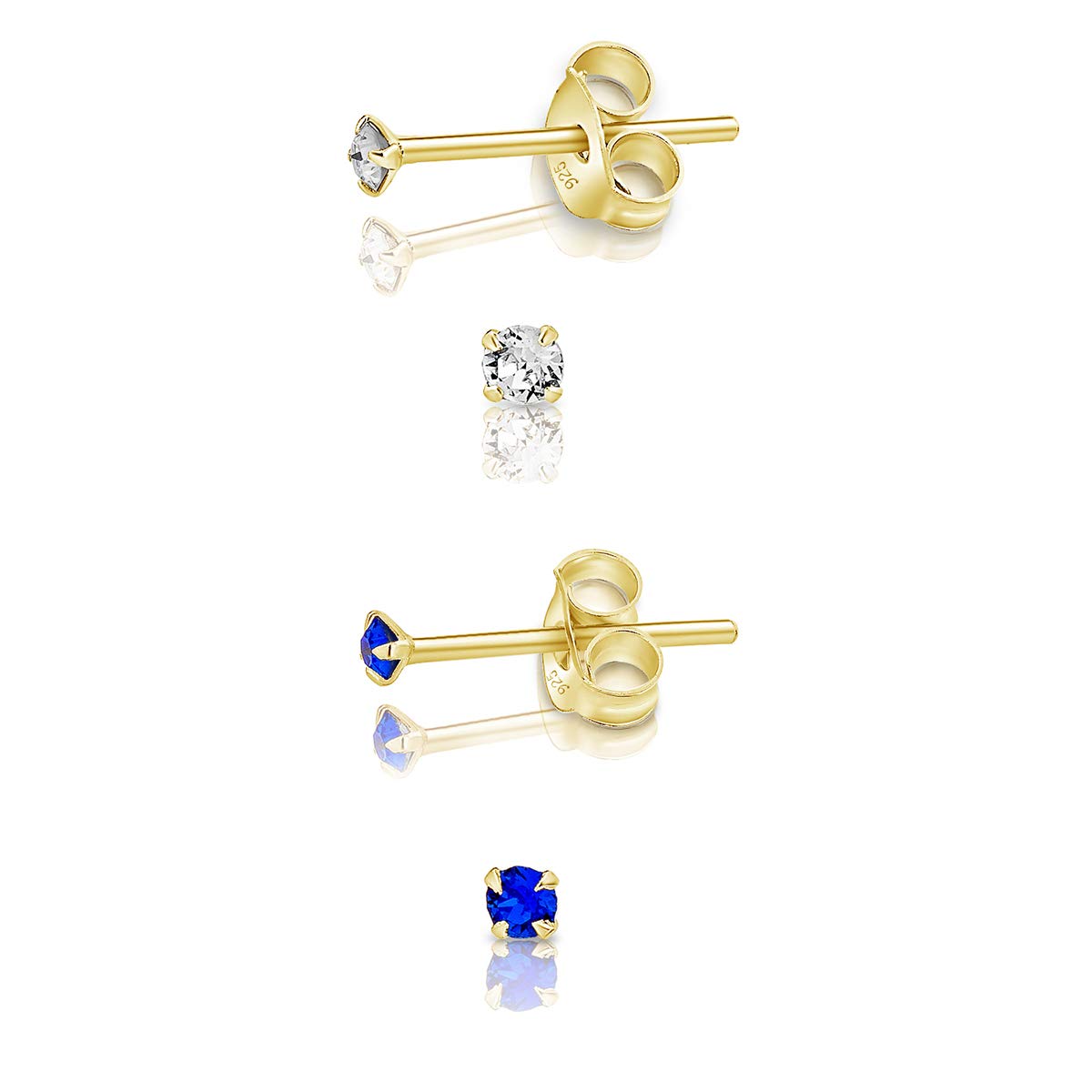 DTPSilver - Set of 2 PAIRS of 925 Sterling Silver Yellow Gold plated Round TINY Stud Earrings made with Glittering Crystals from Swarovski® Elements - Diameter: 2 mm - Colour : Majectic Blue