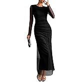 PRSFPN Women's Long Sleeves Maxi Bodycon Dress Tie Dye Ruched Mesh Layer Prom Formal Wedding Elegant Dresses