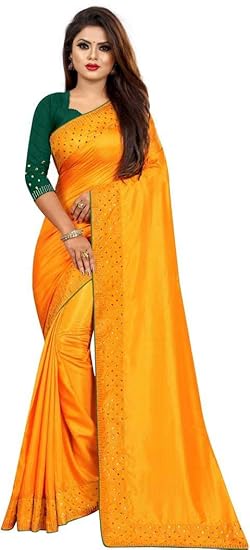 Market Magic World Womens Sana Silk Stone Studded Saree with Contrast Blouse
