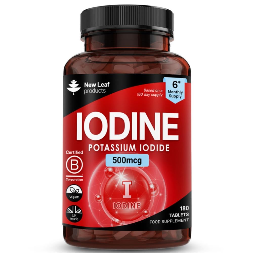 Iodine Tablets 100% RI - Vegan High Strength 180 Tablets Iodine Supplements, Natural Source of Iodine from Potassium Iodide, 6 Month Supply, GMO Free, Made in UK by New Leaf