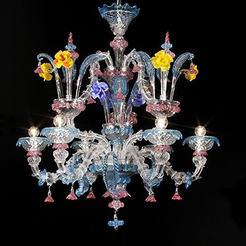 Murano chandelier DUCALE - 6 lights - crystal, multicolour ruby decorations with DUCALE model - 6 lights - Crystal, ruin aquamarine decoration [Energy Class A]