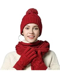 Warm Scarf Glove Hat Beanie Set - Cable Knit Winter Gift Set Pom Cap Touch Screen Glove Long Scarf 3 PCS Set for Women