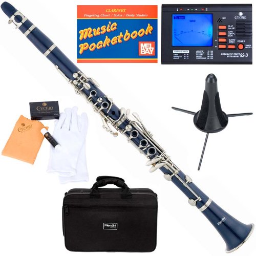 Mendini MCT-BL+SD+PB+92D Blue ABS B Flat Clarinet with Tuner, Case, Stand, Mouthpiece, 10 Reeds and More