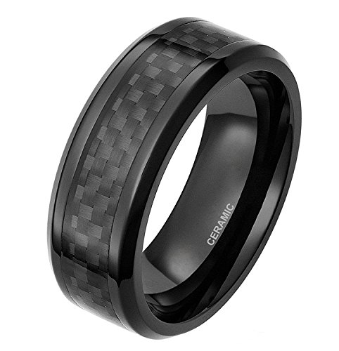 6mm/8mm Black Ceramic Ring with Black Carbon Fiber Inlay Flat Wedding Band for Men Women His Hers (8mm Ceramic, 9.5)