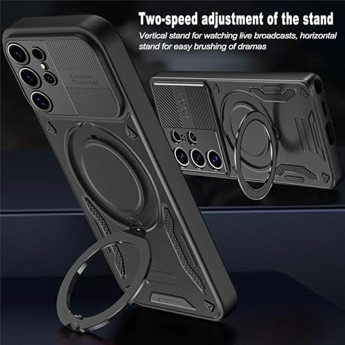PANXIYUE Samsung Galaxy S24 Ultra 5G Case, with Invisible Magnetic Stand 360° Rotating Invisible Kickstand PC + Soft TPU Shockproof Protective Edges, Black