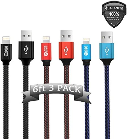 Lightning Cable 3 Pack 6FT Iophi iPhone Charging to USB Nylon Braided 2.4A High Speed Heavy Duty Aluminum Connector Charge Sync Cable for iPhone 7 7 Plus / 6 6s / 5 5s 5c SE iPad iPod - RED BLACK BLUE