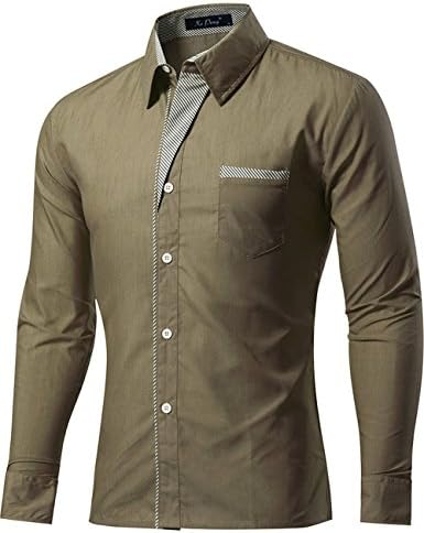 XI PENG Men's Casual Button Down Long Sleeve Striped-Trim Slim Fit Collared Dress Shirts (Medium, Olive Green)