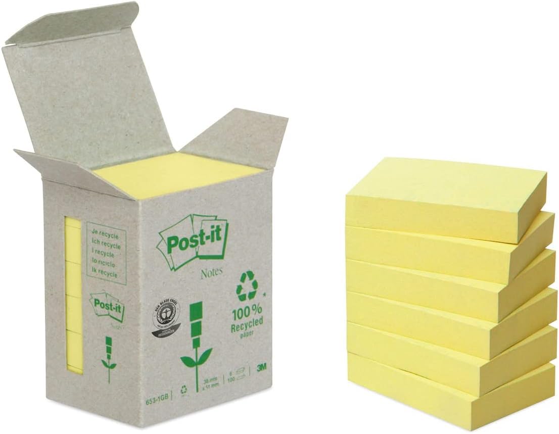 Post-it Reycling Notes Canary Yellow, Pack of 6 Pads, 100 Sheets per Pad, 38 mm x 51 mm, Yellow Color - Self-Stick Notes Made from 100% Recycled Paper
