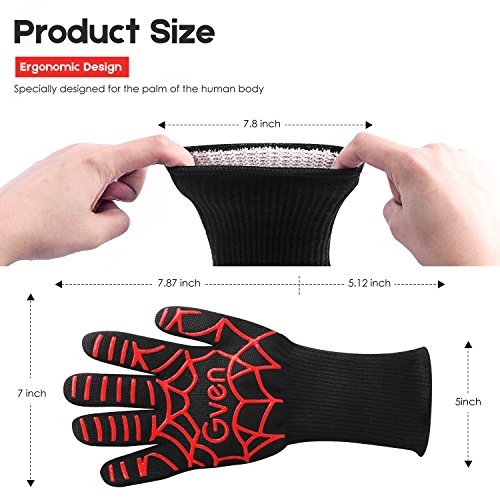 Gven BBQ Gloves, Extreme Heat Resistant Cooking Kitchen Mitts Non-Slip Grilling Gloves BBQ Fireplace Accessories with Cool Spider Design
