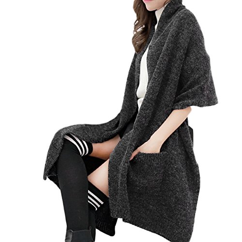Hanerdun s Womens Thick Knit Wrap Soft Warm Shawl Winter Scarf With Pocket, Black, One Size