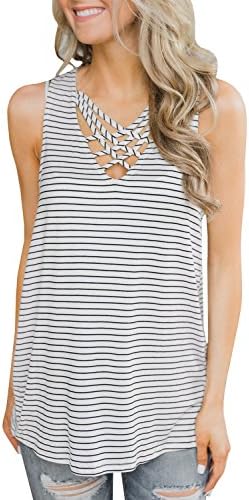 FUMIKAZU Womens Stripe Color Tank Top Sleeveless Strap Crisscross Tops Racerback White and Black