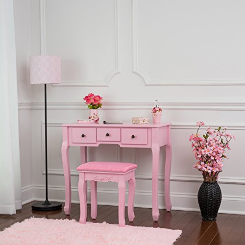 Fineboard HFB-VT07-PK Single Mirror Dressing Set Five Organization Drawers Vanity Table with Wooden Stool, Pink