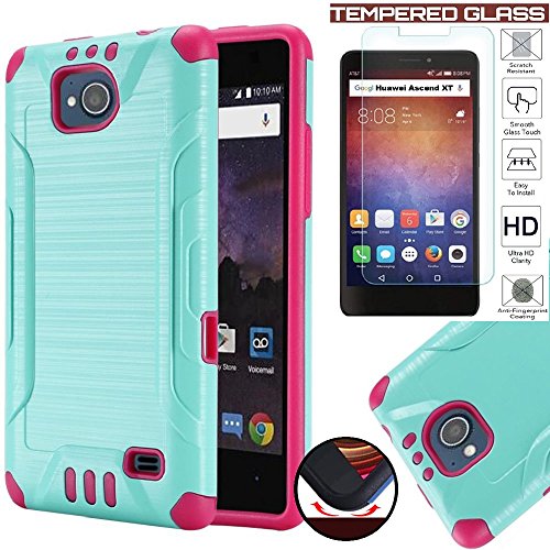 Huawei Ascend XT [AT&T GoPhone H1611] Slim Armor Case Heavy Duty Brushed Metal Finish TPU Shock Impact Dual Layer Protection + Tempered Glass LCD Screen Protector (Teal Pink)