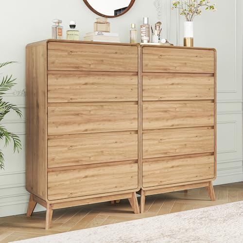 ENOUSHU 50" Tall Dresser for Bedroom, Vertical Dressers with 5 Drawers and Curved Profile Handleless Design, Chest of Drawers with Natural Texture for Living Room, Hallway and Entryway, Natural