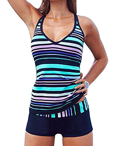 UPC 723610181616, Tempt Me Women Two Pieces Plus Size Colored Stripe Athletic Tankini Swimsuits Blue XL