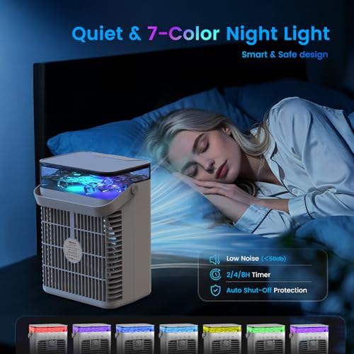 Mini Air Conditioner, 4-in-1 Portable Air Conditioner with 1000ML Water Tank Small AC Unit Air Cooler USB Powered Evaporative Cooler Cooling Fan with 2/4/8H Timer & Light for Office Bedroom Room