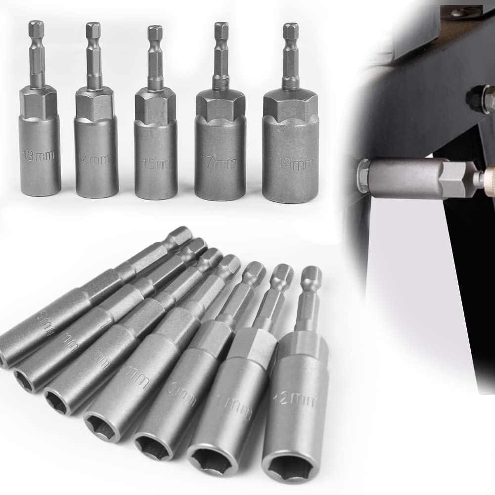 STCRERAG 12 Pcs Magnetic Hexagon Socket Set, 6-19mm Nut Setter Drill Bit Set Metric Impact Socket Adapter Quick Change Metric Nut Driver Set for Electric Screwdriver Handle Tools
