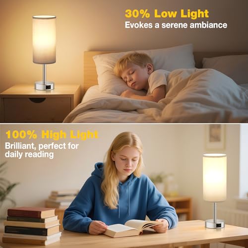 Aooshine Bedside Lamps, Table Lamp with 2 USB Charging Ports & 3-Way Dimmable Touch Control, Touch Lamps Bedside with Grey Shade, Small Lamp with for Bedroom/Living Room/Study(Bulb Included)