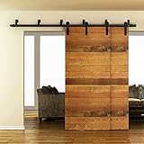 Hahaemall Rustic Vintage 5-13FT Sliding Bypass Barn Door Hardware Black Steel Track Roller Hanger Rolling Flat Rail Set (6.6FT Bypass Kit)