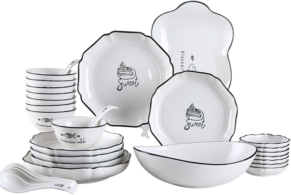 Dinner Combi-Set, Porcelain Bowls, Plate, Spoons, 32-piece Suit, for Microwave Ovens, Dishwasher