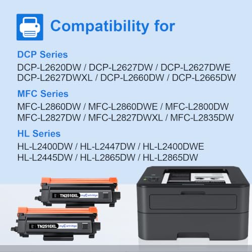 myCartridge TN2510 XL TN2510XL Toner Compatible with Brother MFC-L2835DW HL-L2400DWE DCP-L2660DW DCP-L2665DW HL-L2445DW DCP-L2620DW DCP-L2627DW for TN2510 TN 2510XL 2 x Black
