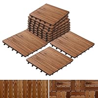 Acacia Wood Tile Flooring, Patio Pavers & Composite Decking | Interlocking Patio Tiles for Outdoor & Indoor | Stripe Pattern 12"×12"- Pack of 11 Tiles