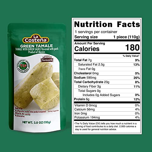 LA COSTEÑA TAMALES VERDES, PORK FLAVOR, MICROWAVEABLE, NO REFRIGERATION REQUIRED, 3.