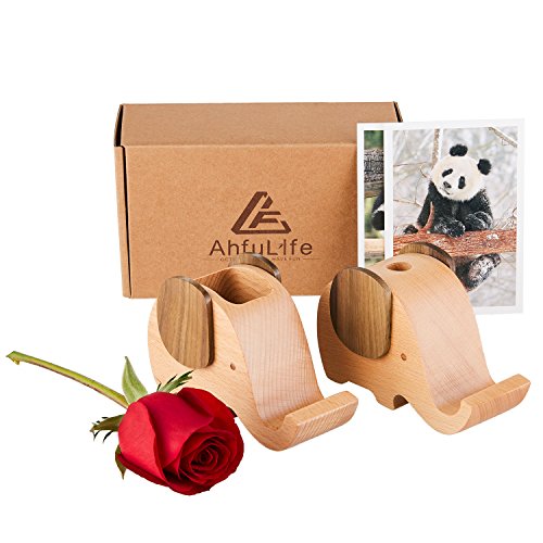 AhfuLife Wooden Elephant Phone Stand with Pen&Pencil Cup Holder/Pot for iphone Samsung Sony Huawei, Desk Decoration Multi-functional Stationery Organizer, Best Gift for Valentine's Day, Mother's Day
