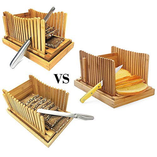 Bread Slicers for Homemade Bread with Crumb Catcher Tray, Compact Foldable Bamboo Bread Cutter Guide, 100 Bread Bags & 100 Twist Ties, Thickness Adjustable, Thick & Thin Slices 1/3", 3/8" and 1/2"