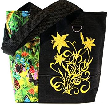 Tote Bag- Butterfly Garden- A recycled denim, embroidered, lined totebag. Eco-Friendly handbags.