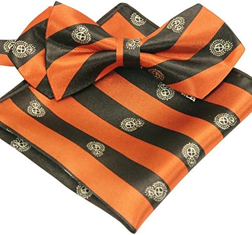 ST34 Brand new Silk feel SATIN Argyle Check Adjustable Bow tie for Men Pocket square SET-Various Colors (BB-1309 Orange and Brown Stripes)