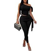 Vssjavun Women 2 Piece Outfits Sexy One Shoulder Sleeveless Crop Tops High Waist Bodycon Matching Long Pants Sets
