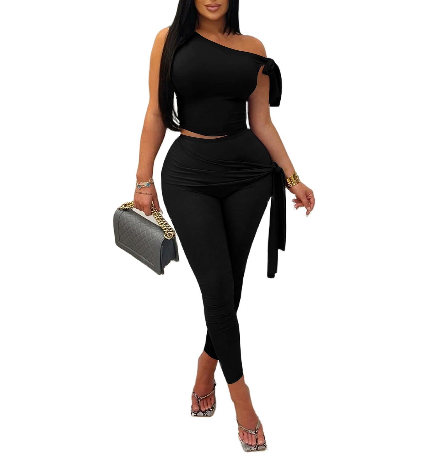 Photo 1 of Vssjavun Women 2 Piece Outfits Sexy One Shoulder Sleeveless Crop Tops High Waist Bodycon Matching Long Pants Sets Black S