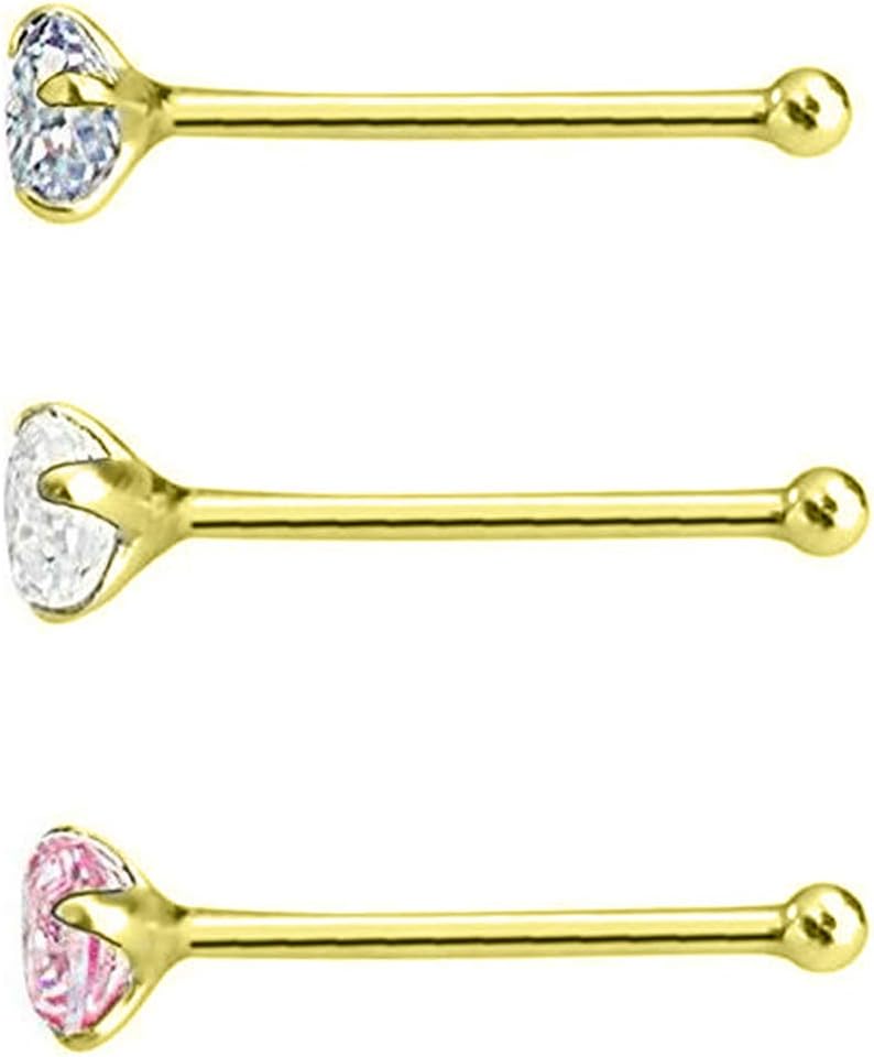 Kuizhiren1 3Pcs/Set Nose Stud,Women Cubic Zirconia Stainless Steel Nose Studs Body Piercing Jewelry Golden