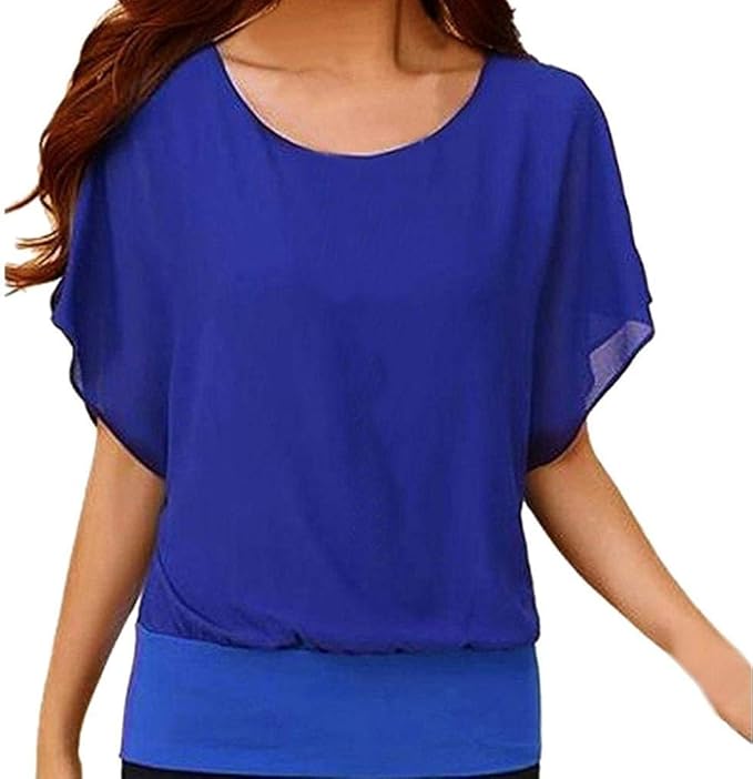 Ladies Chiffon Tops Women Short Sleeve Round Solid Neck Clothing Color