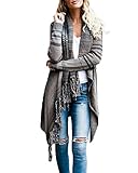 FISACE Women Elegant Aztec Stripes Fall Tassels Slash Hem Cardigan Loose Sweater Poncho