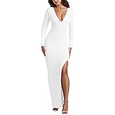Kaximil Women's Sexy Long Sleeve Deep V Neck Bodycon Maxi Dress Side Slit Wedding Guest Cocktail Long Dress