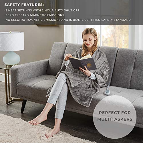 MP2 Electric Heated Poncho Shawl Wrap Sherpa Throw Blanket with Buttons Auto Shut Off 50"x 64", Grey