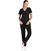 Minty Mint Women's Solid Stretch Medical Uniform Scrub Set V Neck Top Cargo Tapered Jogger Pants Black XL