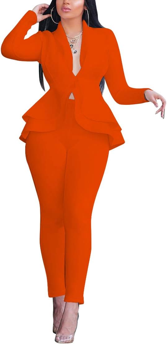 Women's 2 Piece Outfit Casual Solid Ruffles Blazer and Bodycon Pant Suits Set