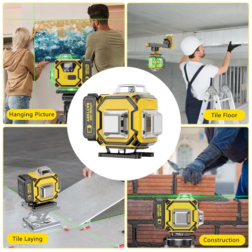 Laser Level 360 Self Leveling, 16 Lines 4×360° Green Pulse Mode Levels for Floor Tile Wall Picture Hanging Construction, 4D Leveler Outdoor Tool with 2 Rechargable Batteries Hard Carry Case