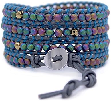 MOSNOS Handmade Faceted Gemstone Wrapped Bracelet, Girls Semi Precious Stone Jewelry (Rainbow Hematite)