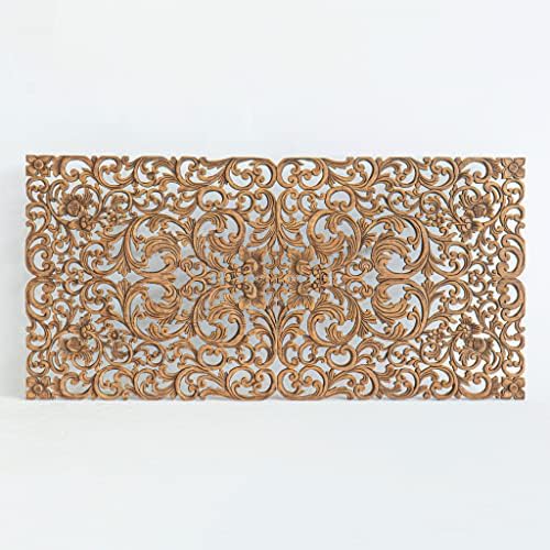 Queen Size Low Profile Headboard, Hand Carved Solid Teak Wood, Country House Wall Decorative