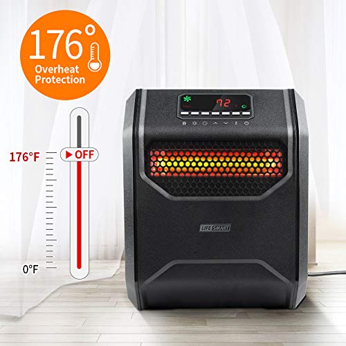 LIFE SMART Quartz Electric Space Heater with Adjustable Thermostat, Large LED Display, Digital Remote Control, 12 Hour Timer, 13.6 x 11.4 x 14.2 inch, Black