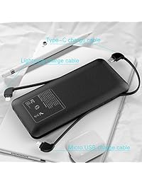 Heloideo 10000mAh Cargador Portátil Power Bank Externo Pack con Micro Type C Cables para Teléfono Celular (Negro)