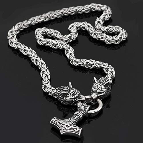 image for GuoShuang Men Stainless Steel Wolf Head Norse Viking Amulet Thor Hamme