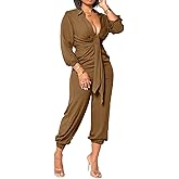 Xinlees Women's Elegant Jumpsuit Casual Long Sleeve Solid Straight Trousers Business Romper Stretchy Ankle Cuffs
