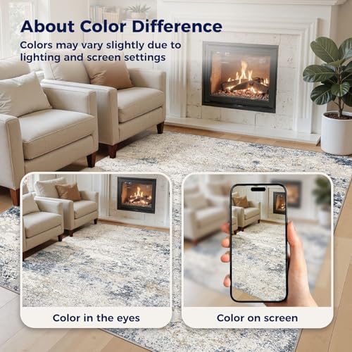 DMOYEST Rugs Living Room Washable - Area Rugs for Bedroom Large Abstract Neutral Modern Rug Soft Non Slip Low Pile 160 x 230 - Beige Blue