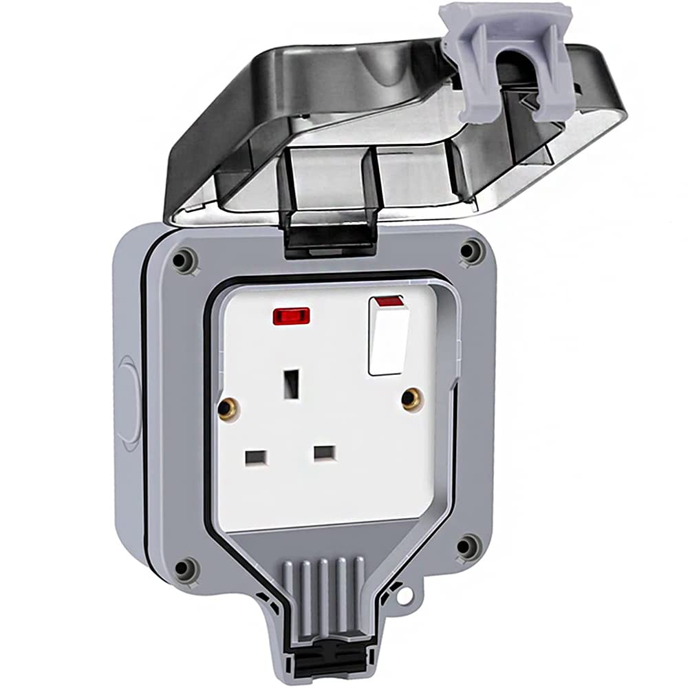 CENPEK Single IP66 13A 1 Gang Switched Waterproof Wall Socket with Weatherproof Cover