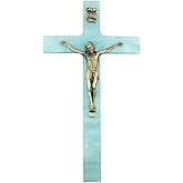 Religious Gifts Pearlized Latin Cross Cruxifix with Pewter Christ Corpus, 7 Inch (Blue)